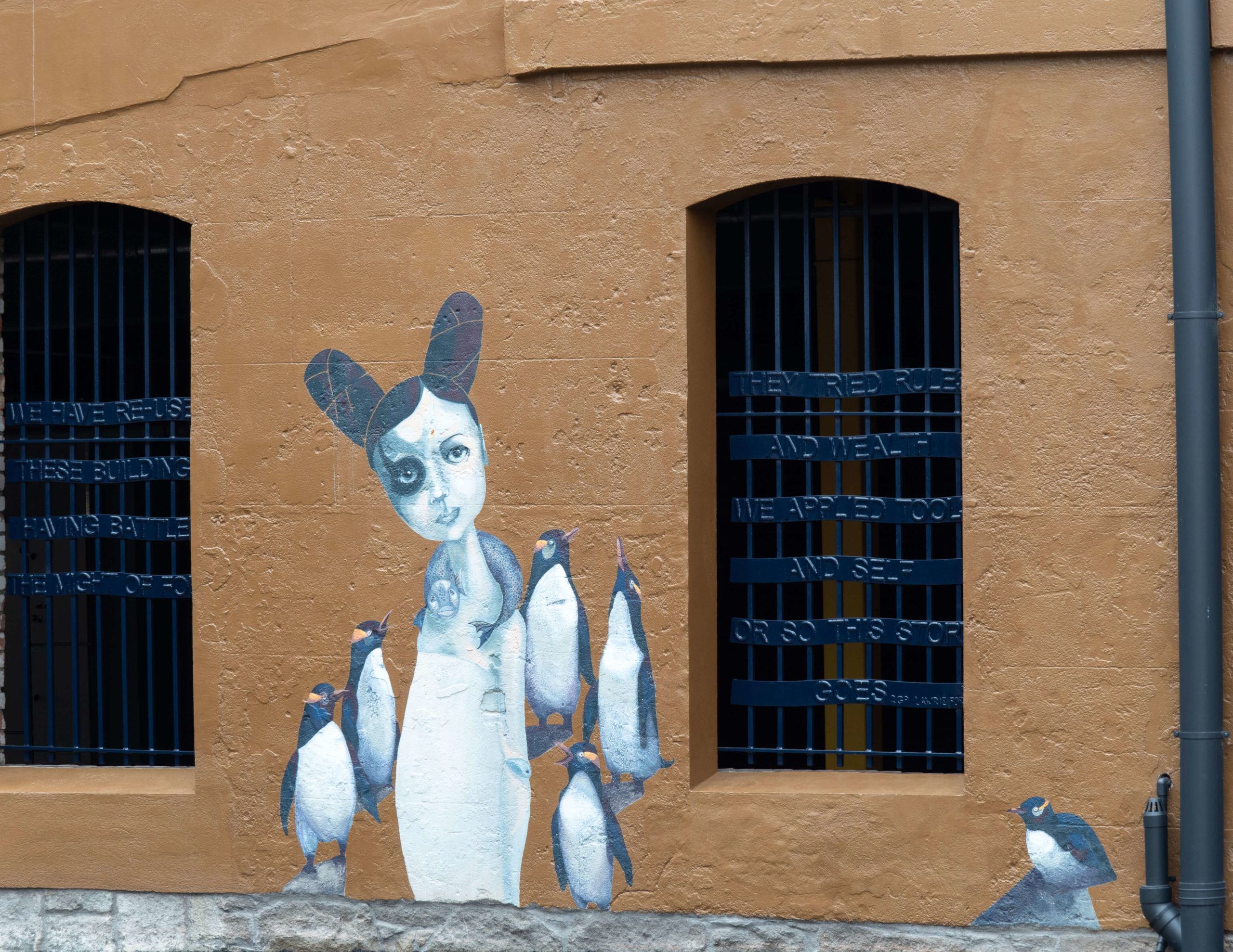 Manchots et jeune femme street art trail Dunedin